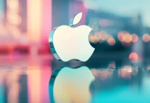 3D Apple logo floating over blurred abstract landscape, futuristic vibe.