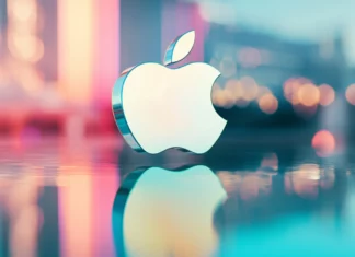 3D Apple logo floating over blurred abstract landscape, futuristic vibe.