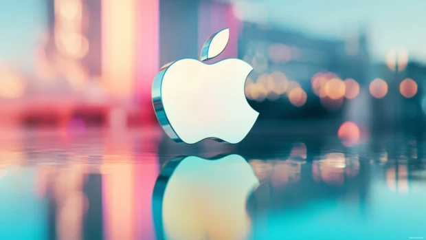 3D Apple logo floating over blurred abstract landscape, futuristic vibe.