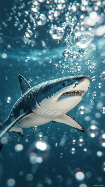3D shark wallpaper for phone showing detailed shark swimming through bubbles.
