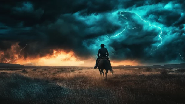4K cowboy computer wallpaper with lone rider in stormy western landscape.