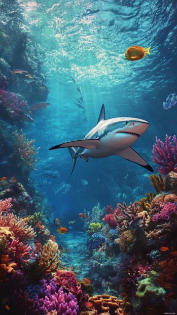 4K quality artwork of shark blending with coral reef for iPhone wallpapers.