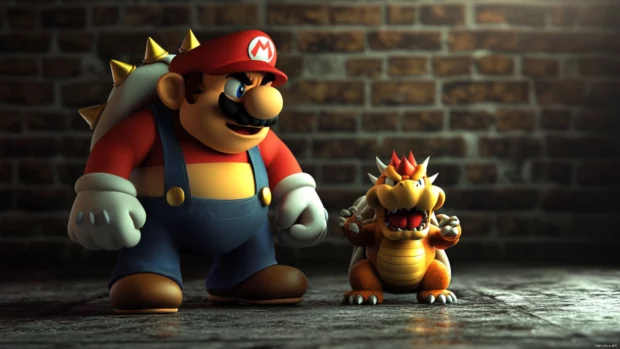 4K quality cartoon render of Super Mario battling Bowser with dramatic lighting.