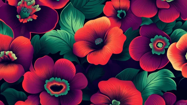 70s inspired wallpaper, bold psychedelic floral pattern, deep red green purple hues.