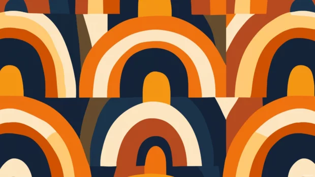 70s style retro rainbow pattern, seamless design, groovy arches, earthy tones, orange background.