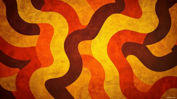 70s wallpaper with geometric patterns, warm orange yellow brown colors, vintage textures, retro style.