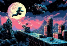 8 bit gaming wallpaper, pixel obstacles, futuristic neon platform, classic style.