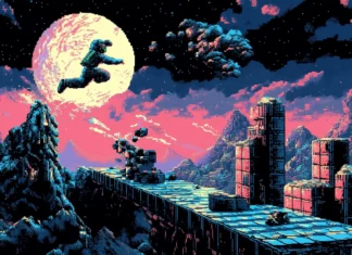 8 bit gaming wallpaper, pixel obstacles, futuristic neon platform, classic style.