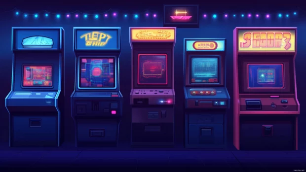 80s arcade scene, neon lights, retro consoles, futuristic glowing decor, retro style.