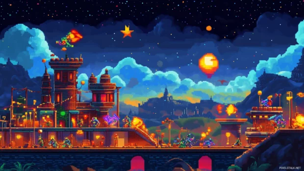 80s inspired retro wallpaper, pixel spaceships, laser beams, neon colors, grid background.