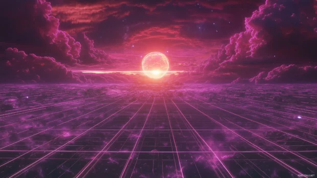 80s retrowave sun rising over a grid like landscape, with neon colors of pink and purple, Retro style.