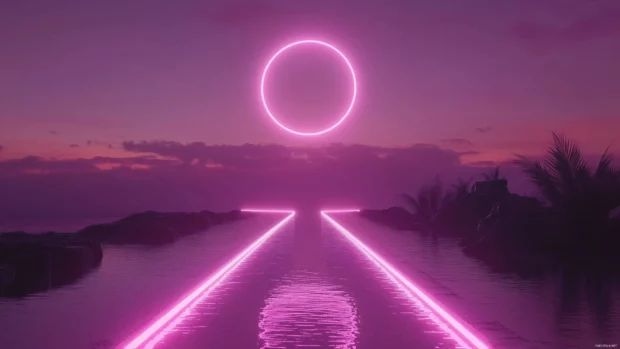 80s retrowave sun rising over a grid like landscape, with neon colors of pink and purple, Retro style.