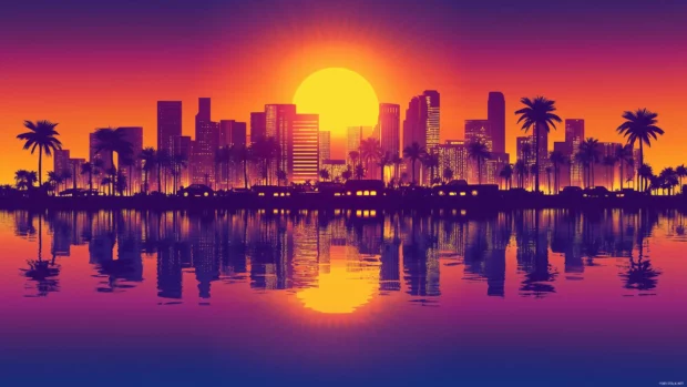 80s synthwave cityscape with palm trees and retro cars, vibrant neon colors, glowing sun in the sky, vector illustration style, glowing effectss.