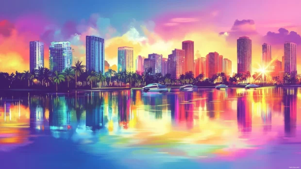 80s synthwave vector art of the Miami skyline with palm trees and cars driving on the water, vibrant neon colors, and glowing sun rays.