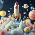 A 3D outer space adventure with rockets, planets, and astronauts, each element brightly colored and floating against a dark space background, giving a fun sci fi feel.