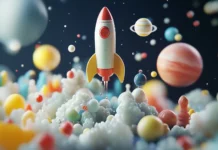 A 3D outer space adventure with rockets, planets, and astronauts, each element brightly colored and floating against a dark space background, giving a fun sci fi feel.