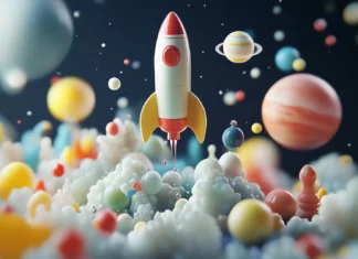 A 3D outer space adventure with rockets, planets, and astronauts, each element brightly colored and floating against a dark space background, giving a fun sci fi feel.