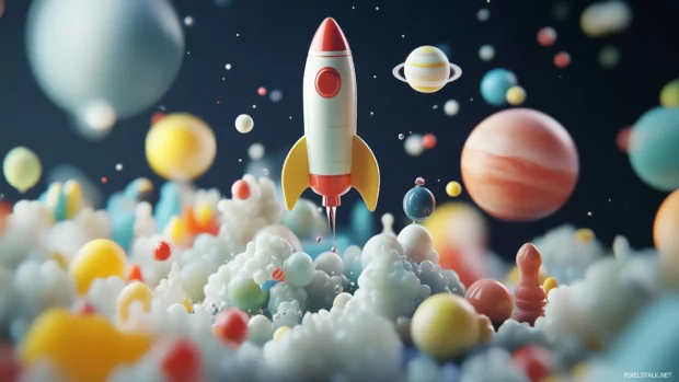 A 3D outer space adventure with rockets, planets, and astronauts, each element brightly colored and floating against a dark space background, giving a fun sci fi feel.