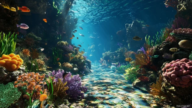 A 3D underwater world with colorful fish, coral reefs, and friendly dolphins, creating an enchanting and educational ocean themed wallpaper.
