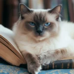 A Birman cat lounging beside books, popular for intellectual style Cat PC Wallpapers.