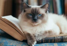 A Birman cat lounging beside books, popular for intellectual style Cat PC Wallpapers.
