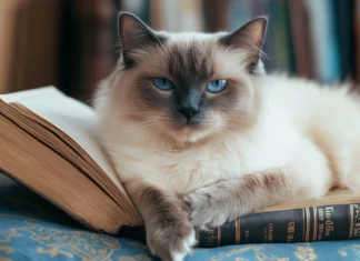 A Birman cat lounging beside books, popular for intellectual style Cat PC Wallpapers.