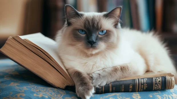 A Birman cat lounging beside books, popular for intellectual style Cat PC Wallpapers.