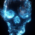 A Blue fire skull, glowing eyes, black background, hyperrealistic.