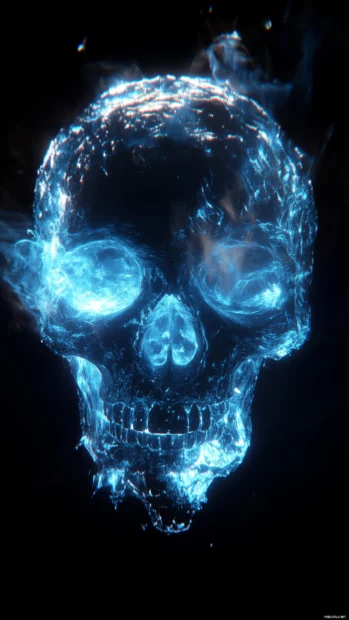 A Blue fire skull, glowing eyes, black background, hyperrealistic.
