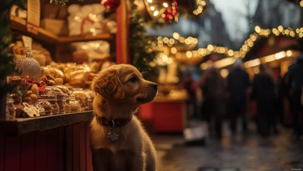 A Christmas market scene with a puppy standing near a cocoa stand wagging its tail.