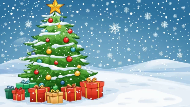 A Christmas tree with ornaments and a star, surrounded by gifts in a snowy setting.
