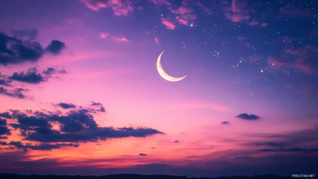 A Dreamy pink sky with twinkling stars and a glowing crescent moon.