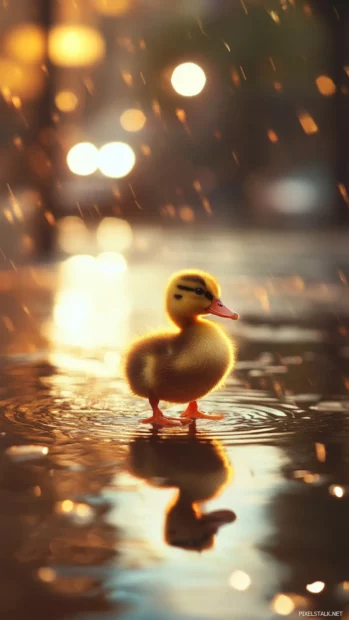 A Duck wallpaper showing a baby duckling waddling across a wet surface reflecting morning light.