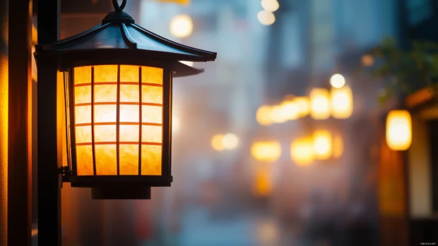 A Japanese lantern lit at night in a quiet alley, surrounded by mist and soft glowing light.