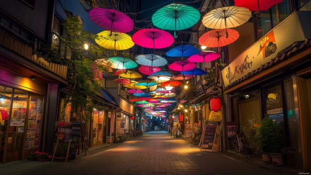 A Japanese street covered with colorful umbrellas hanging overhead, creating a vibrant and festive atmosphere.