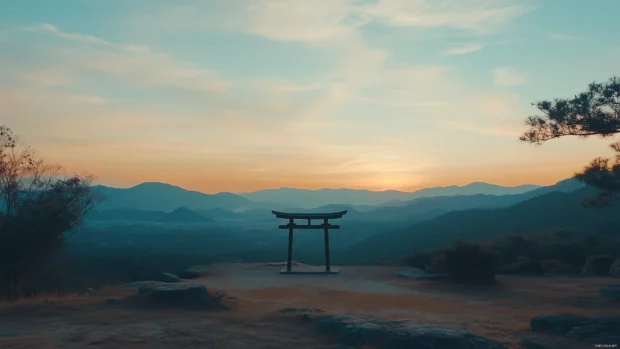 A Japanese torii gate standing tall at the entrance of a peaceful shrine, with mountains in the distance and a sunset sky.