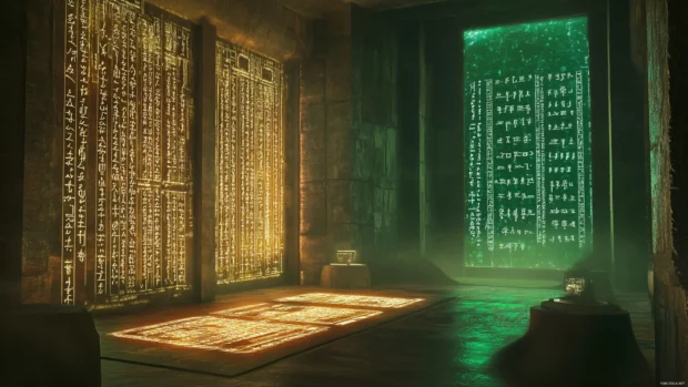 A Jedi archive glowing with holograms and ancient scripts.