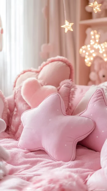 A Kawaii style soft pillows shaped like hearts and stars on a pink bed.
