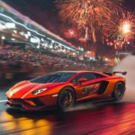 A Lamborghini Aventador racing under fireworks with a blurred background.