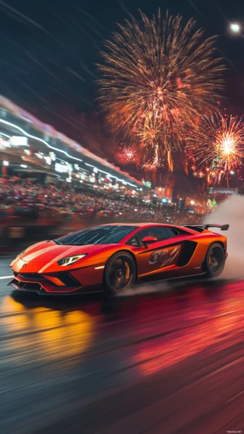 A Lamborghini Aventador racing under fireworks with a blurred background.