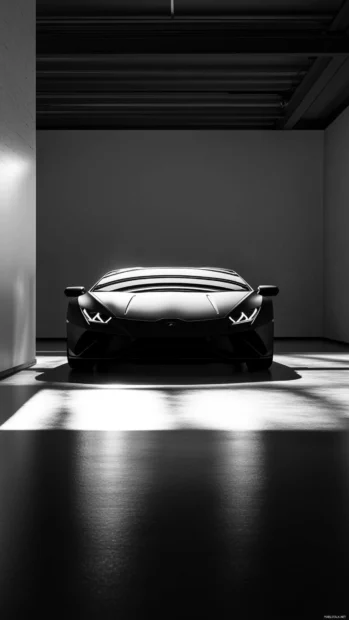 A Lamborghini Huracan outlined by shadows and headlights in a minimalist studio.