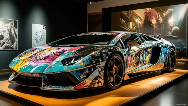 A Lamborghini with a custom anime vinyl wrap showcased under exhibition spotlights.
