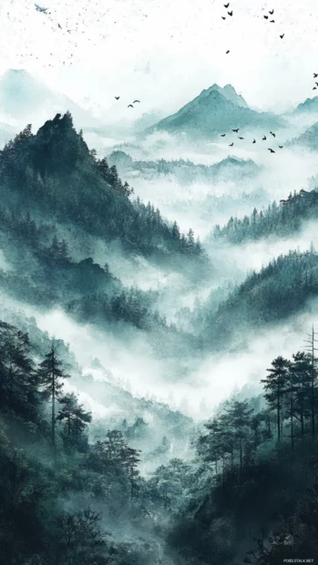 A Misty Mountain Landscape Captured As An Artistic Watercolor Android Wallpaper.