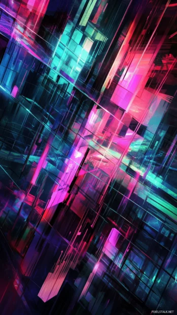 A Neon futuristic city street, vibrant neon signs pink blue green, smooth glowing lines, reflections, cyberpunk atmosphere.