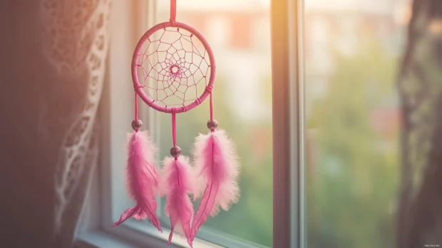 A Pink Girly dreamcatcher hanging by the window with ribbons swaying.