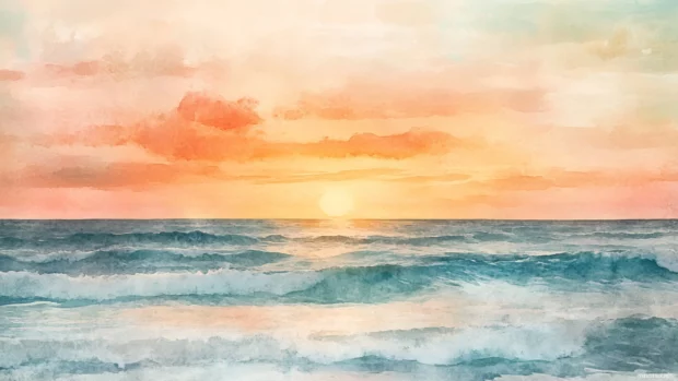 A Seaside Sunset Captured In Gentle Pastel Watercolor Tones.