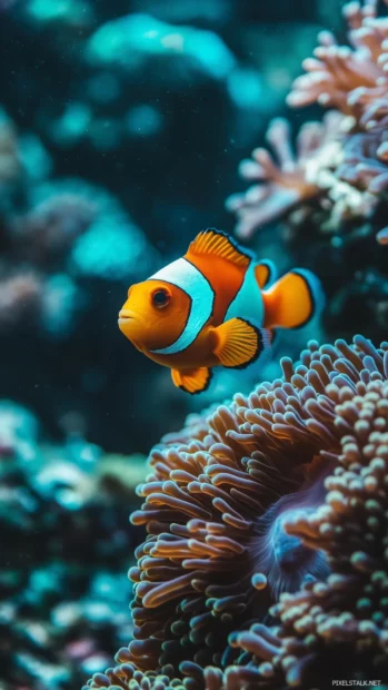 A Single clownfish captured vertically among the soft tendrils of a sea anemone, its orange and white stripes contrasting beautifully.