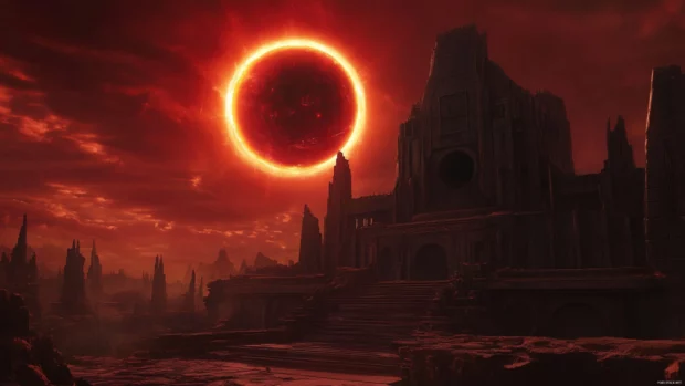 A Sith temple glowing beneath a crimson eclipse.