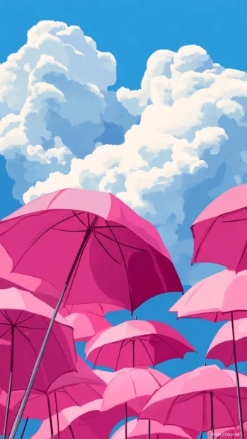 A Summertime afternoon with lighthearted clouds drifting past pink umbrellas.