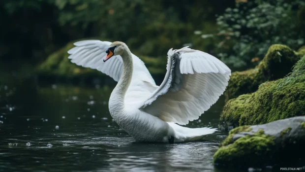 A Swan stretching its wings beside moss covered rocks.